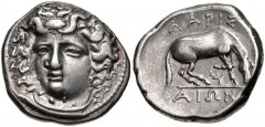 THESSALY, Larissa. Circa 356-342 BC. AR Drachm (18mm, 6.02 g, 11h). Head of the nymph Larissa facing slightly left, hair in ampyx / Horse standing right, preparing to lie down. Lorber, Hoard, Group L-