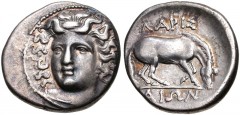 THESSALY, Larissa. Circa 356-342 BC. AR Drachm (19.5mm, 6.01 g, 6h). Head of the nymph Larissa facing slightly left, hair in ampyx / Horse standing right, preparing to lie down. Lorber, Hoard, Group L
