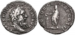 Pertinax. AD 193. AR Denarius (17mm, 2.83 g, 6h). Rome mint. Laureate head right / Pertinax standing left, holding roll and sacrificing out of patera over tripod to left. RIC IV 13a; RSC 56. VF, toned