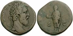 DIDIUS JULIANUS. 193 AD. Æ Sestertius (26mm, 18.13 gm). Laureate head right / Didius Julianus standing left, holding globe, S-C across field. RIC IV 16a; cf. Woodward, Julianus, pg. 79 (dies 13/C); Co