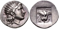 ISLANDS off CARIA, Rhodos. Rhodes. Circa 188-170 BC. AR Drachm (16mm, 3.00 g, 12h). ‘Plinthophoric’ coinage. Agesidamos, magistrate. Radiate head of Helios right / Rose with bud to right; AΓHΣIΔAMOΣ a