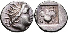 ISLANDS off CARIA, Rhodos. Rhodes. Circa 88-84 BC. AR Drachm (14.5mm, 2.67 g, 12h). ‘Plinthophoric’ coinage. Nikephoros, magistrate. Radiate head of Helios right / Rose with bud to right; NIKHΦOPOΣ ab