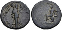 LYDIA, Daldis. Pseudo-autonomous issue. Time of the Flavians, AD 69-96. Æ (21mm, 6.78 g, 12h). Menekrates, strategos. Herm of Hercules right, with lion skin and club / Apollo seated left on rock, hold