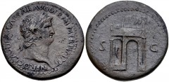 Nero. AD 54-68. Æ Sestertius (35mm, 28.02 g, 1h). Uncertain Balkan mint, possibly Perinthus in Thrace. Struck circa AD 64. Laureate bust right / Triumphal arch with wreath hung between pillars surmoun