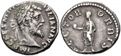 Didius Julianus. AD 193. AR Denarius (17mm, 3.07 g, 7h). Rome mint. Laureate head right / Didius Julianus standing left, holding globe and volumen. RIC IV 3; RSC 15. VF, toned. From the estate of Thom
