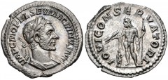 Macrinus. AD 217-218. AR Denarius (19mm, 3.08 g, 6h). Rome mint. 1st emission, AD 217. Laureate and cuirassed bust right / Jupiter standing left, holding thunderbolt and scepter; to left, small figure