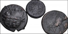 GREEK. Magna Graecia & Sicily. Lot of three (3) Syracusan bronzes. Includes: Hiketas II. Æ 20mm. Laureate head of Zeus Hellanios right / Eagle standing left on thunderbolt (2) // Roman Rule. Æ 15mm. H