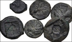 GREEK. Magna Graecia & Sicily. Lot of six (6) Syracusan bronzes. Includes: various types, 10-17mm in diameter. Fine to Good Fine, green patinas. LOT SOLD AS IS, NO RETURNS. Six (6) coins in lot.