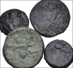 GREEK. Magna Graecia & Sicily. Lot of four (4) Syracusan bronzes of Hieron II. Includes: Æ 19mm. Head of Poseidon left / Trident // Æ 19mm. Head of Persephone left / Bull butting left; club above // Æ