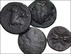GREEK. Magna Graecia & Sicily. Lot of four (4) Syracusan bronzes of Agathokles. Includes: Æ 16mm. Head of Persephone left / Bull butting left // Æ15mm. Head of Artemis Soteira right / Thunderbolt // Æ
