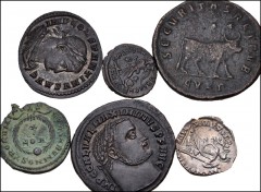 ROMAN. Imperial. Lot of eight (8) late silver and bronze coins. Includes: Galerius. Æ Follis // Constantine the Great. Æ Follis // Constantine II. Æ // Julian II. Æ // Valens. AR Siliqua // Gratian. Æ
