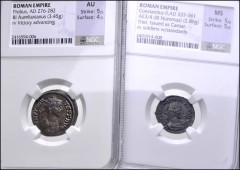 ROMAN. Imperial. Lot of six (6) encapsulated coins. Includes: Philip I. AR Antoninianus. Ch AU // Volusian. AR Antoninianus. XF // Probus. Antoninianus. AU // Constantine I. Æ Follis. Ch VF // Constan