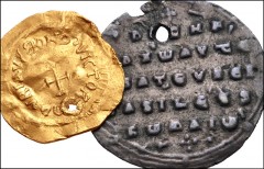BYZANTINE. Lot of two (2) AV and AR. Includes: Maurice Tiberius. AV Tremissis. SB 488 // Nicephorus II Phocas. AR Miliaresion. SB 1781. VF, both holed, the tremissis on a wavy flan. LOT SOLD AS IS, NO