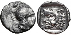 LYCIA, Telmessos. Circa 410-390 BC. AR Diobol (11mm, 0.99 g, 8h). Helmeted head of Athena right / Bearded head of Herakles left, wearing lion skin headdress; all within incuse square. Falghera –; Poda