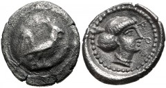 LYCIA, Xanthos (as Arñna). Circa 450-430/20 BC. AR Diobol (10mm, 0.74 g, 6h). Embossed shield decorated with rooster standing right, [diskeles to right] / Head of Aphrodite right, wearing necklace; to