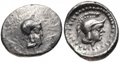 DYNASTS of LYCIA. Uncertain dynast. Late 5th-early 4th century BC. AR Obol (10mm, 0.61 g, 10h). Helmeted head of Athena right / Helmeted head of Athena right; all within pelleted circular border withi