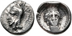 DYNASTS of LYCIA. Uncertain dynast. Late 5th-early 4th century BC. AR Obol (9mm, 0.62 g, 1h). Head of dynast left, wearing bashlyk / Facing head of goddess, wearing kalathos, necklace, and earrings. F