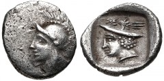 DYNASTS of LYCIA. Uncertain dynast. Late 5th-early 4th century BC. AR Obol (9mm, 0.58 g, 5h). Helmeted head of Athena left / Head of Hermes left, wearing winged petasos; all within incuse square. CNG 