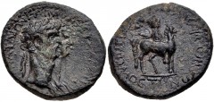 LYDIA, Mostene. Claudius, with Agrippina Junior. AD 41-54. Æ (21mm, 6.06 g, 12h). Pedanius, magistrate. Jugate draped busts of Claudius, laureate, and Agrippina right / Hero riding horse right, holdin