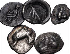 GREEK. Magna Graecia & Sicily. Lot of five (5) fractional Sicilian silver coins. Includes: Himera. AR Litra // Himera. AR Tetartemorion // Selinos. AR Litra // Syracuse. AR Obol // Thermae. AR Obol. A