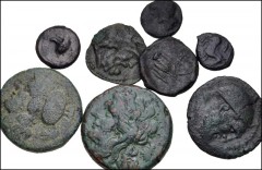 GREEK. Magna Graecia & Sicily. Lot of eight (8) Sicilian Æ. Includes: Panormus (4 coins) // Tauromenion (4 coins). Fine to Near VF, mostly with patinas, several with porosity and/or other problems. LO