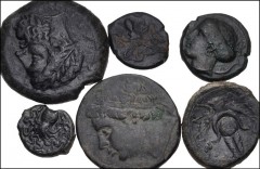 GREEK. Magna Graecia & Sicily. Lot of eight (8) Syracusan bronzes. Includes: Dionysios or earlier (4 coins) // Timoleon // Hieron II // Hieronymos // Roman Rule. Fair to VF, mostly with patinas, sever