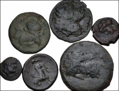 GREEK. Magna Graecia & Sicily. Lot of eight (8) Syracusan bronzes. Includes: Dionysios (2 coins) // Timoleon (2 coins) // Roman Rule (4 coins). Fair to VF, mostly with patinas, several with corrosion.