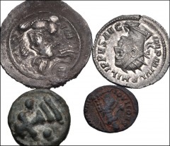 MIXED. Central Asian to Byzantine. Lot of four (4) AR and Æ denominations. Includes: SASANIAN KINGS. Pērōz (Fīrūz) I. AD 457/9-484. AR Drachm (27mm, 4.23 g, 4h). AS (Aspahān) mint. Crowned bust right 