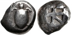 ISLANDS off ATTICA, Aegina. Circa 525/0-480 BC. AR Stater (19mm, 12.36 g, 9h). Sea turtle, head in profile, with trefoil collar / Small incuse square with skew pattern. Meadows, Aegina, Group IIc; HGC