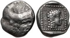 CARIA, Uncertain ('Mint G'). Orou. Local dynast, circa 450-400 BC. AR Quarter Stater (13mm, 2.77 g, 12h). Forepart of winged man-headed bull right / Head of female right in dotted square border within
