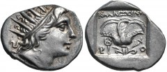 ISLANDS off CARIA, Rhodos. Rhodes. Circa 88-84 BC. AR Drachm (17mm, 2.63 g, 11h). ‘Plinthophoric’ coinage. Kallixeinos, magistrate. Radiate head of Helios right / Rose with bud to right; ΚΑΛΛΙΞΕΙΝΟ[Σ]