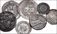 MIXED. Greek to Roman Imperial. Lot of seven (7) AR and Æ denominations. Includes: AR Tetradrachm of Ptolemy XII Neos Dionysos (Auletes) // two AR Drachms of Khosrau (Husrav) II // AR Antoninianus of 