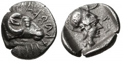 LYDIA, Uncertain. 5th century BC. AR Tetartemorion (6mm, 0.18 g, 9h). Head of ram right; decorative lines below; above, FALFAK in Lydian / Helmeted head of Athena right; to lower right, TK in Lydian. 