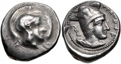 LYCIA, Xanthos (as Arñna). Circa 450-430/20 BC. AR Stater (20mm, 8.39 g, 10h). Helmeted head of Athena right / Draped bust of Hermes(?) right, wearing a winged conical hat; diskeles to left. Cf. SNG v