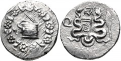 IONIA, Ephesus(?). L. Sempronius Atratinus(?). Quaestor, circa 42-39 BC. AR Tetradrachm (26mm, 12.57 g, 4h). Cistophoric type. Cista mystica with serpent; all within ivy wreath / Two serpents entwined