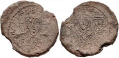 BYZANTINE. Basil I the Macedonian, with Constantine and Leo VI. 867-886. PB Seal (30mm, 18.56 g, 6h). Struck 870-879. HAΓIA [MARIA?], facing bust of the Theotokos (Mary), holding the Infant Christ; IC