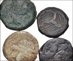 ROMAN. Republic. Lot of three (3) Æ asses and one (1) rare Æ semis. Includes: M. Atilius Saranus. 148 BC. Æ As. Crawford 214/2a // Anonymous. Æ As. Butterfly and grape bunch. Crawford 184/2 // Anonymo