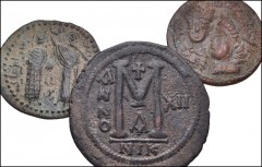 MIXED. Islamic to Byzantine. Lot of three (3) bronzes. Includes: Artuqids of Mardin. Æ Dirhem (2 coins) // Byzantine. Justinian I. Æ Follis. Nicomedia mint. SB 201. Average VF, with patinas and earthe
