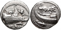 LYCIA, Phaselis. 4th century BC. AR Stater (21mm, 10.38 g, 5h). Prow of galley right, fighting platform decorated with Pegasos flying right; to right, owl flying upward left, wings displayed; below, d