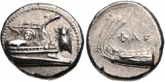 LYCIA, Phaselis. 4th century BC. AR Stater (22mm, 10.35 g, 3h). Prow of galley right, fighting platform decorated with facing gorgoneion; to right, cicada upward / Stern of galley left; ΦAΣ above. Hei