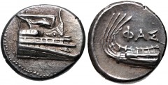 LYCIA, Phaselis. 4th century BC. AR Stater (22mm, 10.45 g, 3h). Prow of galley right, fighting platform decorated with dolphin right / Stern of galley left; ΦAΣ above. Heipp-Tamer Series 6, unlisted v