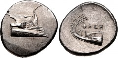LYCIA, Phaselis. 4th century BC. AR Stater (22mm, 10.40 g, 9h). Prow of galley right / Stern of galley left; ΦAΣH above. Heipp-Tamer Series 6, unlisted variety; CNG 102, lot 539; Triton XIX, lot 262 (