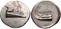 LYCIA, Phaselis. 4th century BC. AR Stater (22mm, 10.44 g, 12h). Prow of galley right / Stern of galley left; ΦAΣHΛ above. Heipp-Tamer Series 6, unlisted variety; CNG 102, lot 540 (same dies). Near EF