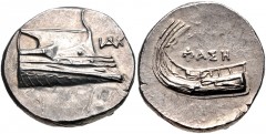 LYCIA, Phaselis. 4th century BC. AR Stater (23mm, 10.37 g, 3h). Prow of galley right; monogram to right / Stern of galley left; ΦAΣH above. Heipp-Tamer Series 6, unlisted variety; CNG 102, lot 542; Tr