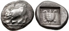 DYNASTS of LYCIA. Uncertain dynast. Circa 490/80-440/30 BC. AR Stater (19mm, 9.21 g, 6h). Boar charging left / Tortoise within pelleted linear square; all within incuse square. Falghera 48 var. (boar 