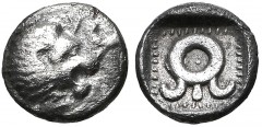 LYDIA, Uncertain. 5th century BC. AR Hemiobol or Tetartemorion(?) (5.8mm, 0.22 g). Head of lion right / Uncertain symbol, possibly a diadem, within square linear border; all within incuse square. Cf. 