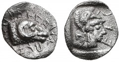 LYDIA, Uncertain. 5th century BC. AR Tetartemorion (6.5mm, 0.18 g, 7h). Head of ram right; decorative lines to left; above, FADVA[...] (in Lydian, read left to right [partially retorgrade]); below, QB