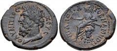 LYDIA, Maeonia. Hadrian. AD 117-138. Æ (27mm, 11.01 g, 1h). Apollonios, strategos for the second time. Draped bust of Zeus Olympios left, wearing taenia / Minerva seated left on cuirass, holding Victo
