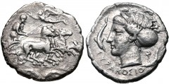 SICILY, Syracuse. Dionysios I. 405-367 BC. AR Hemidrachm or Litra (16mm, 2.00 g, 1h). Obverse die signed by the artist E– (Euarchidas or Euainetos?). Struck circa 405-400 BC. Charioteer driving fast q