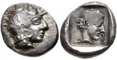 DYNASTS of LYCIA. Vekhssere I. Circa 450-430/20 BC. AR Third Stater (13.5mm, 2.79 g, 1h). Helmeted head of Athena right / Laureate head of Apollo right; diskeles to right; all within incuse square. Cf